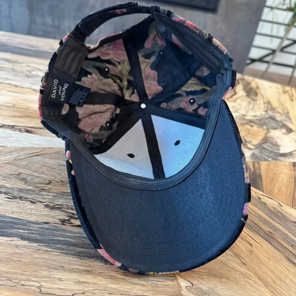 David and Young Black Pink Blossom Floral Velour Baseball Cap - SGCAP11811